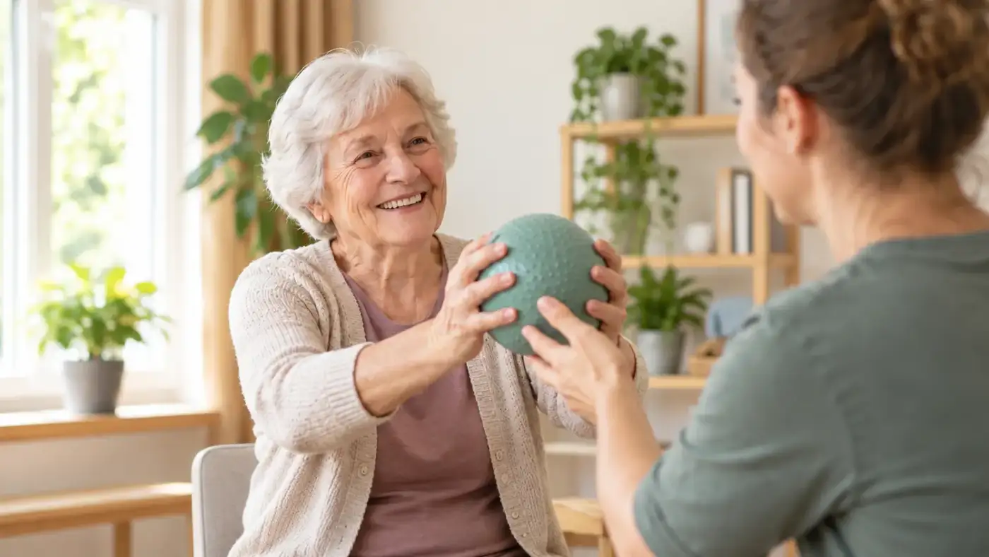 Seniorin mit Therapeutin bei einer Übung zur Beweglichkeit